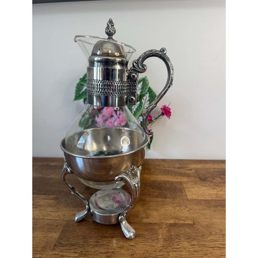 Vintage Ornate Glass Coffee Warmer Carafe Tea Server Silver Plate